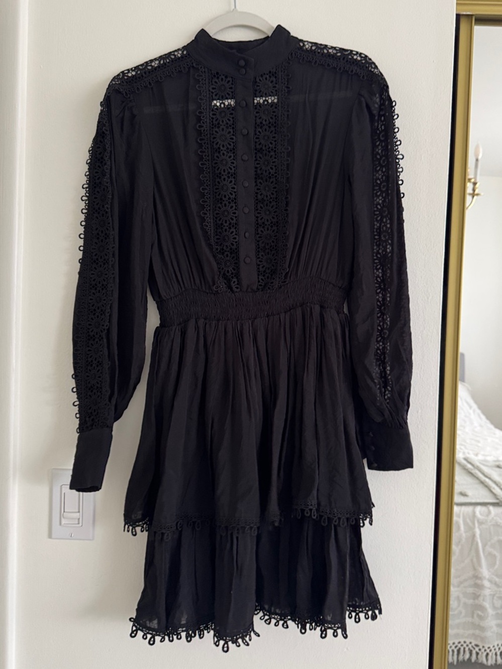 Aqua Black Long-Sleeve Crochet Trim Mini Dress
